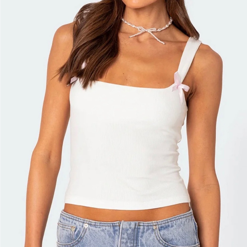 Edikted White Ribbed Top with Pink Accents